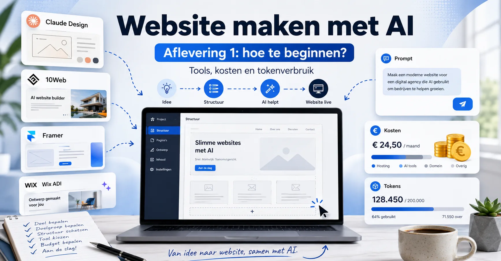 Overzicht van AI-websiteprogramma's zoals Claude Design, Wix, Framer en 10Web met kosten en tokenverbruik